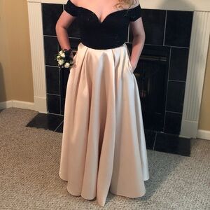 Elegant Black and Beige Off-Shoulder Gown
